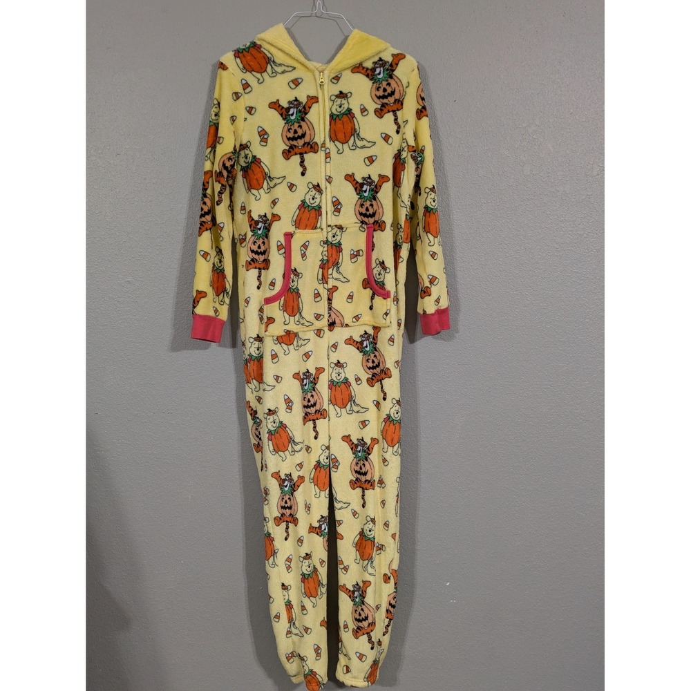 Disney One Piece Pajamas Youth XL 16-18 Yellow Pooh Tigger Fleece Zip Halloween